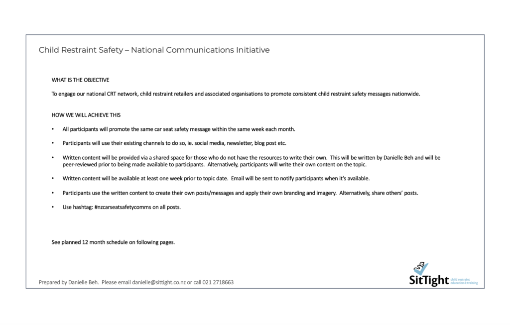 NZ Car Seat Safety - National Communications Initative 12 Month Schedule - Objective & Overview