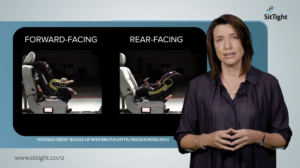 Showing the impact of crash forces from a frontal crash on a child's spine in a rear-facing car seat compared to a forward-facing car seat.